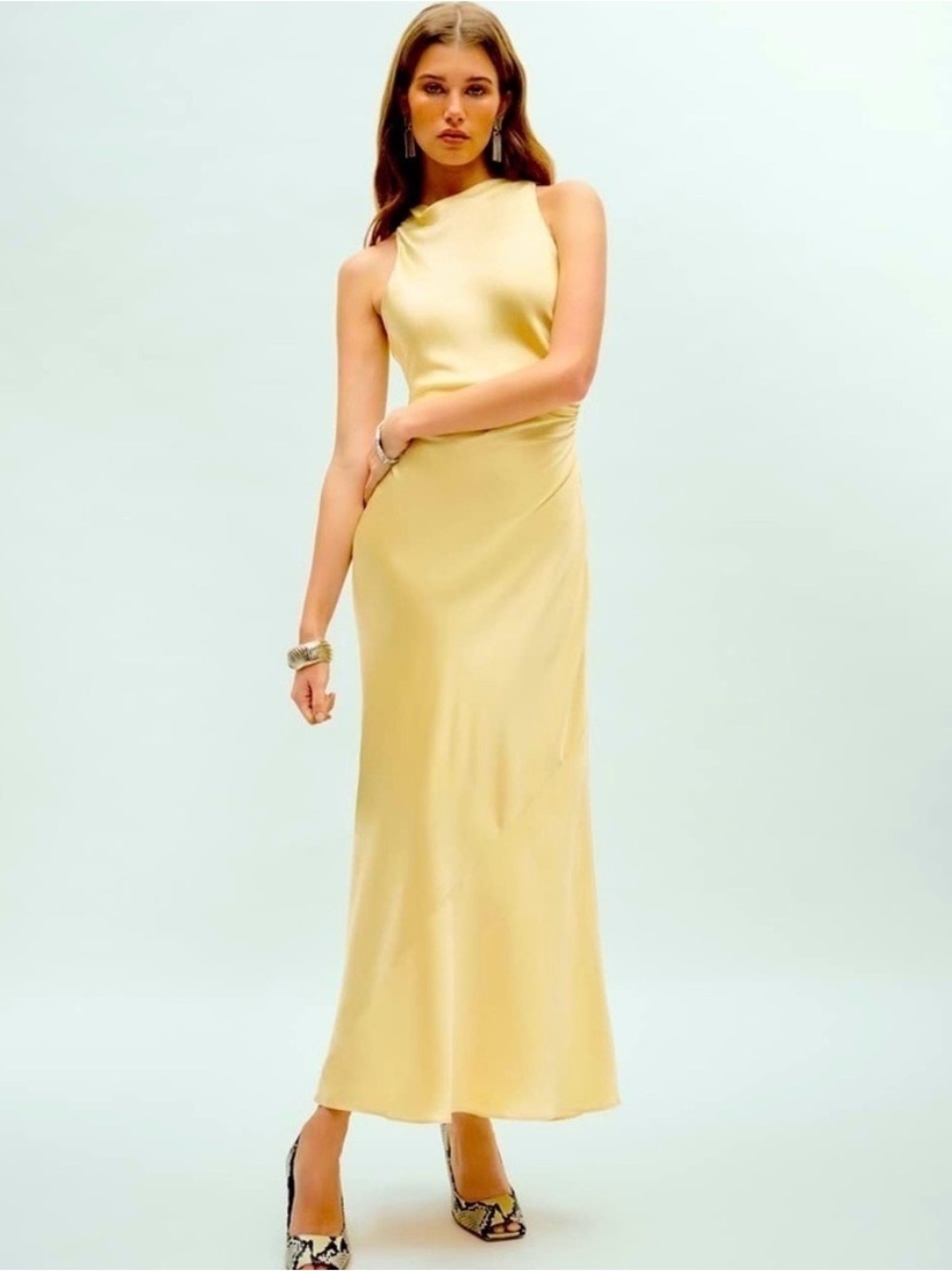 Reformation Satin Maxi Dress in Pale Yellow